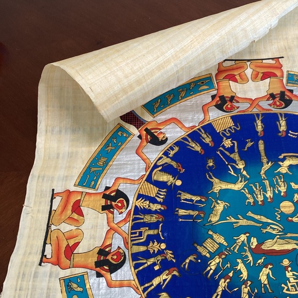 Hand Painted Egyptian Papyrus 36”H x 25”W with Storage Tube — Signed - Picture 12 of 14